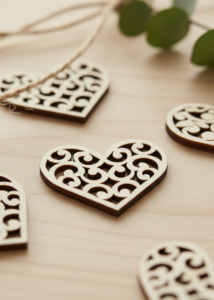 50pz - Ritagli di Legno forma Cuore Traforato