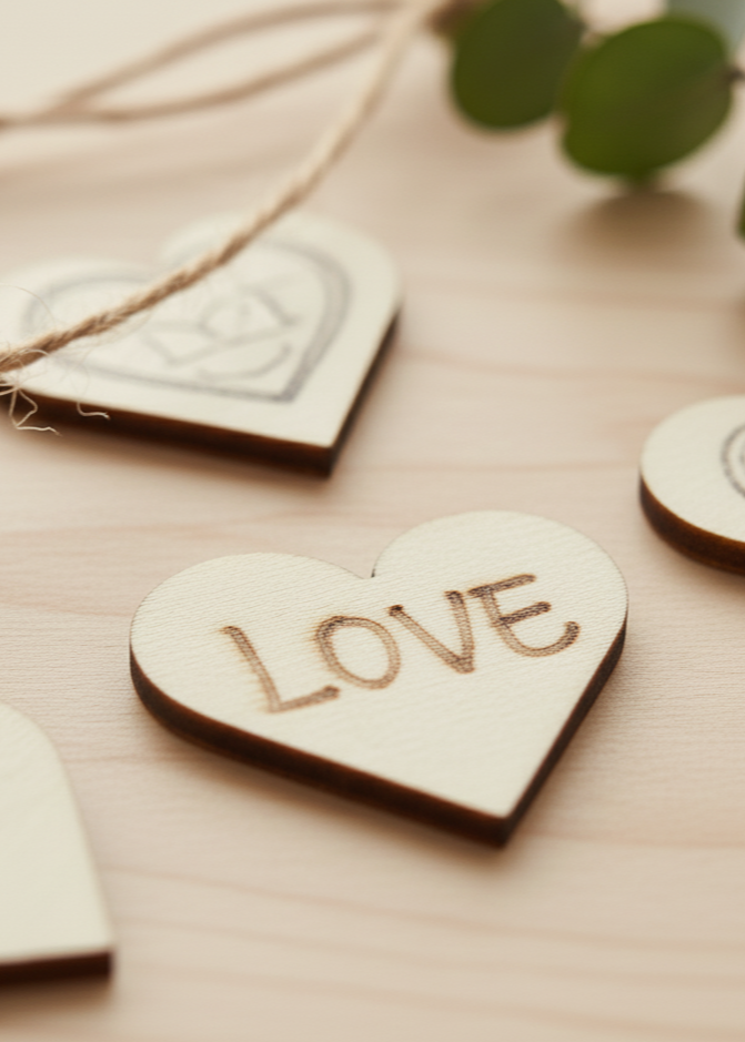 100pz - Ritagli di Legno forma Cuore 1cm